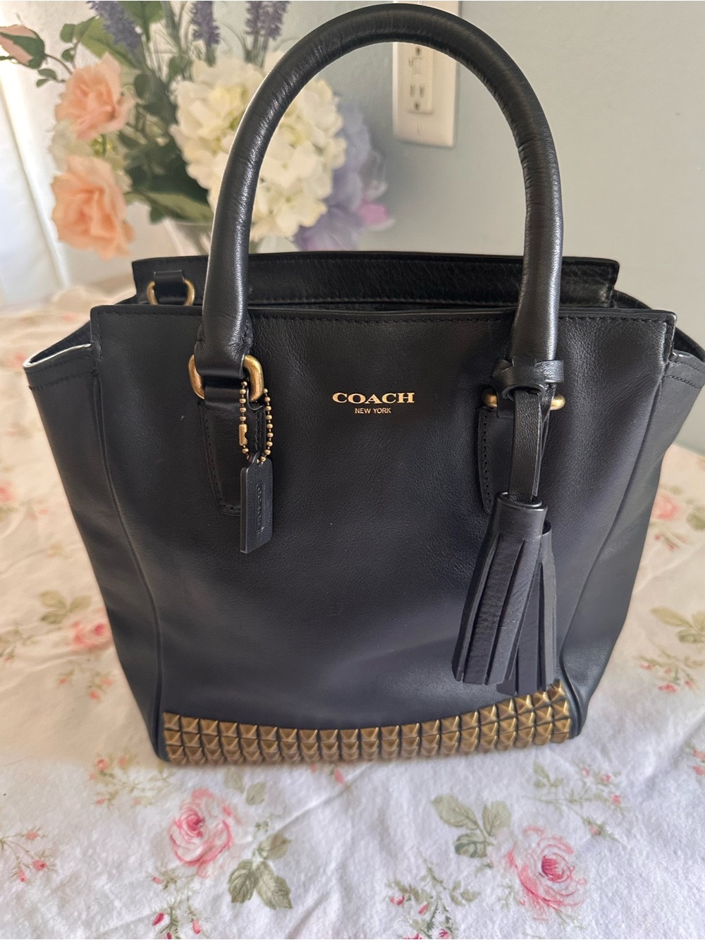 Coach Mini Tanner Black Leather Satchel with Gold Studded Base and Tassel